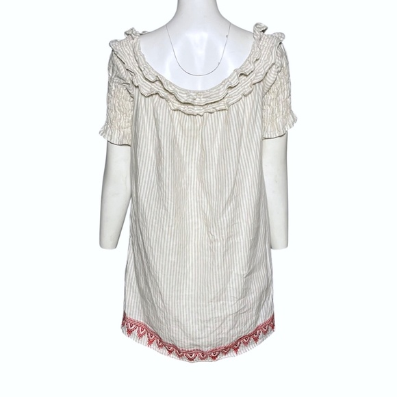 TJD The Jetset Diaries Resort Mini Dress Beige Striped Red Embroidery  Size M - Picture 4 of 7